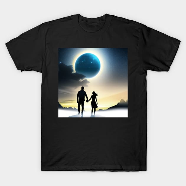 Valentine Wall Art -  Cosmic couple in the mist - Unique Valentine Fantasy Planet Landsape - Photo print, canvas, artboard print T-Shirt by DigillusionStudio